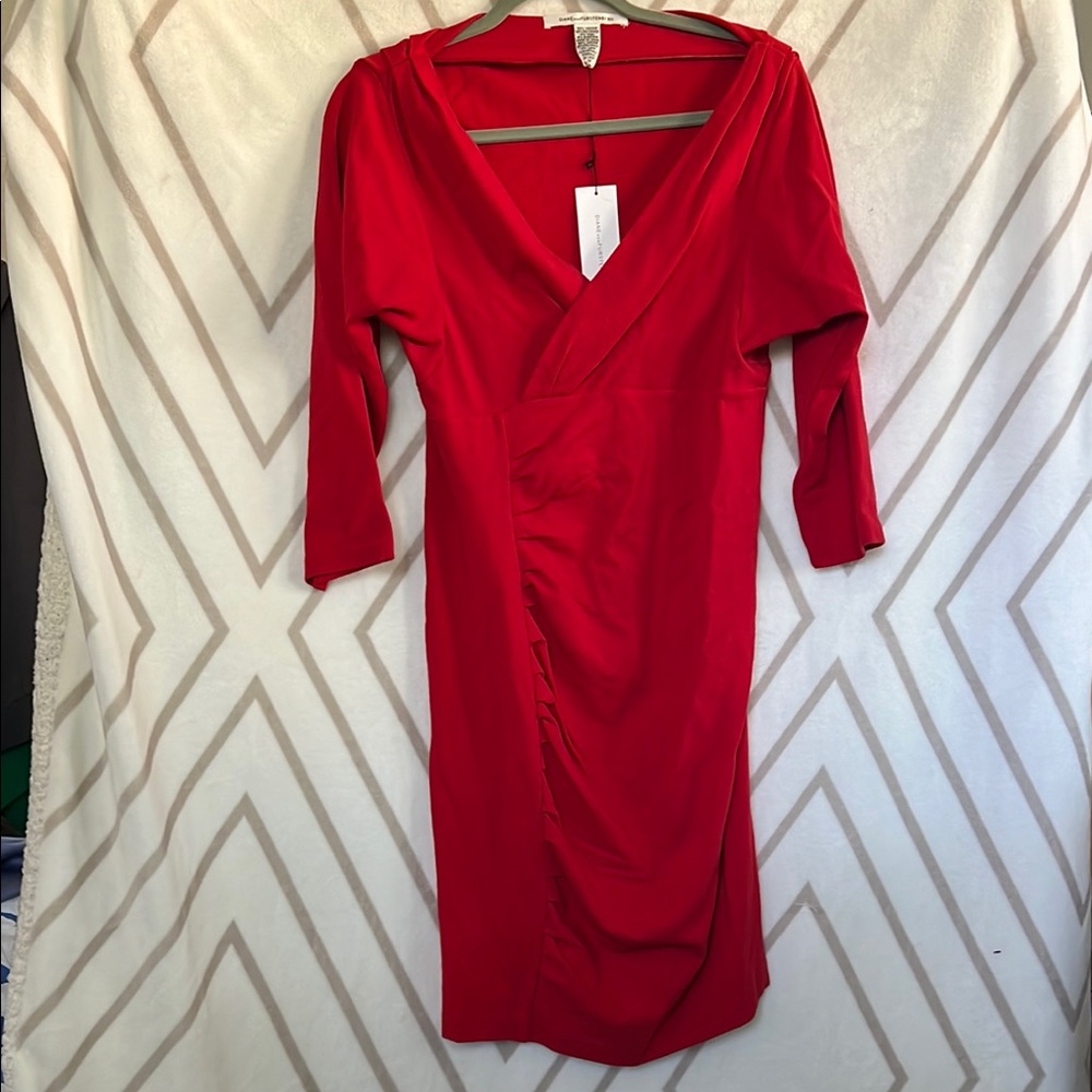 Diane Von Furstenberg Red Ruched Bodycon Midi Dress